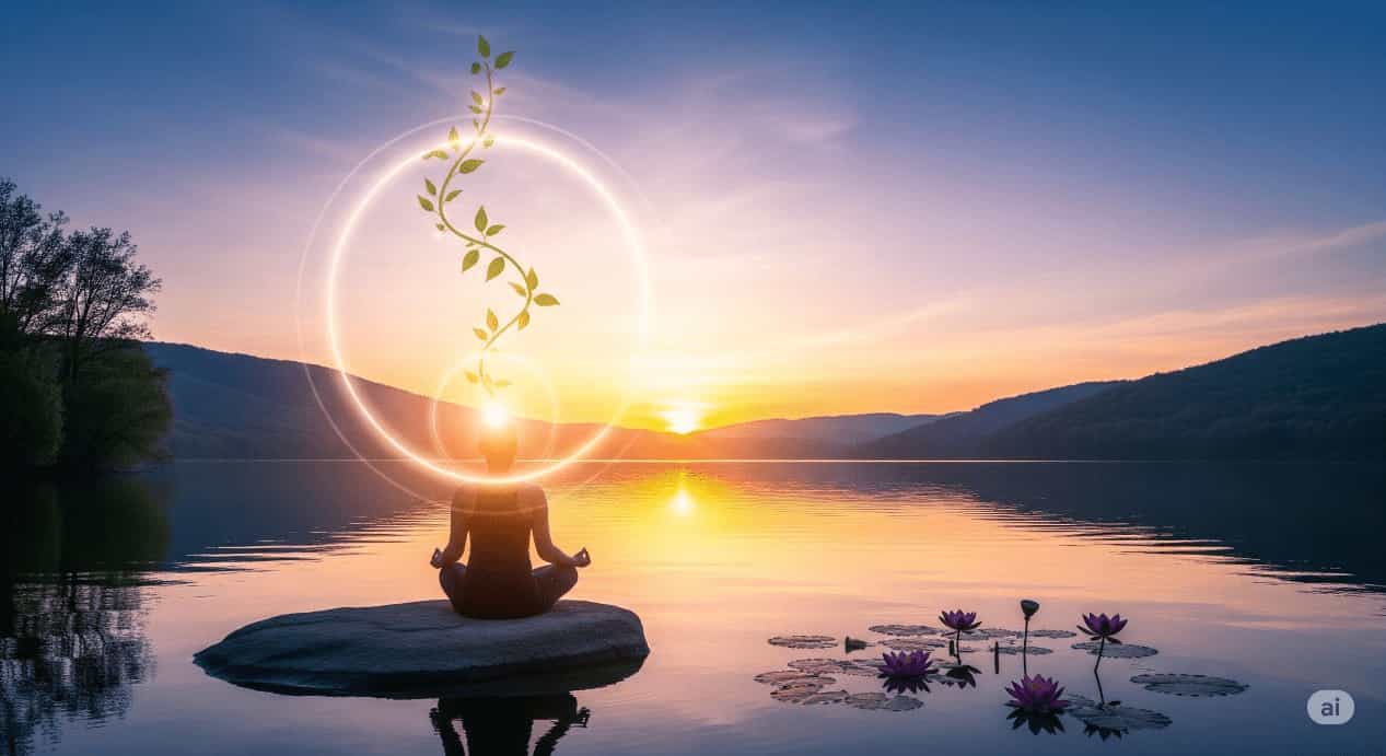 A person meditating on a rock in a serene lake at sunset, with a glowing aura symbolizing mindfulness and a plant spiraling upwards, representing personal growth and well-being.