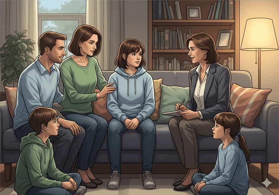 A therapist conducts a Multisystemic Therapy (MST) session with a family, including a teenage boy and his parents and younger sibling, in a comfortable home setting. This image represents family-centered intervention for juvenile offenders.