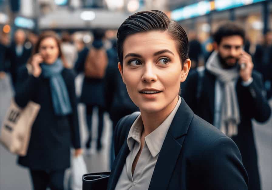 A young professional recognizing a familiar face in a crowded city street, illustrating human perception and recognition in psychology.