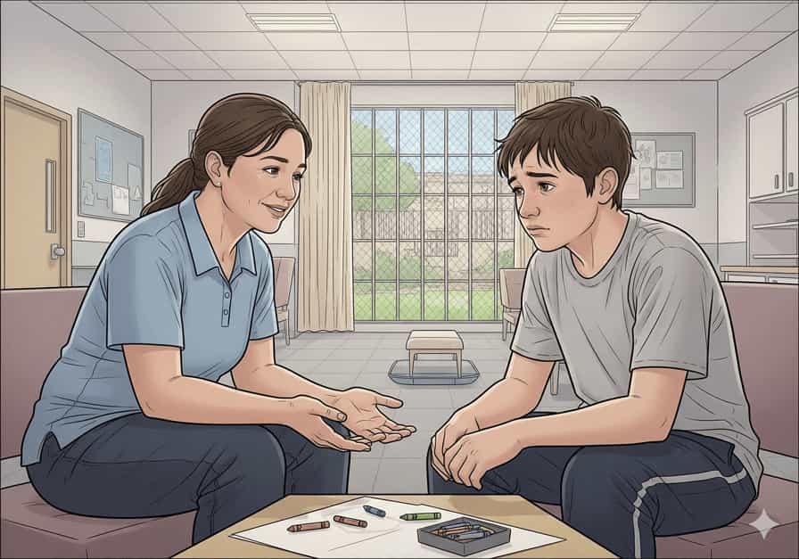 A kind female staff member in a uniform sits with a distressed teenage boy in a juvenile facility, engaging in a trauma-informed counseling session. Art supplies are on the table, indicating a therapeutic approach.