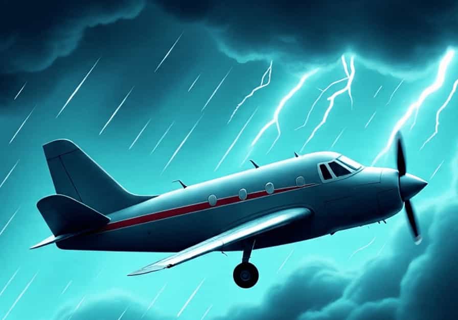 A stylized illustration of a small plane in a stormy sky, representing a bad experience that triggered a fear of flying.