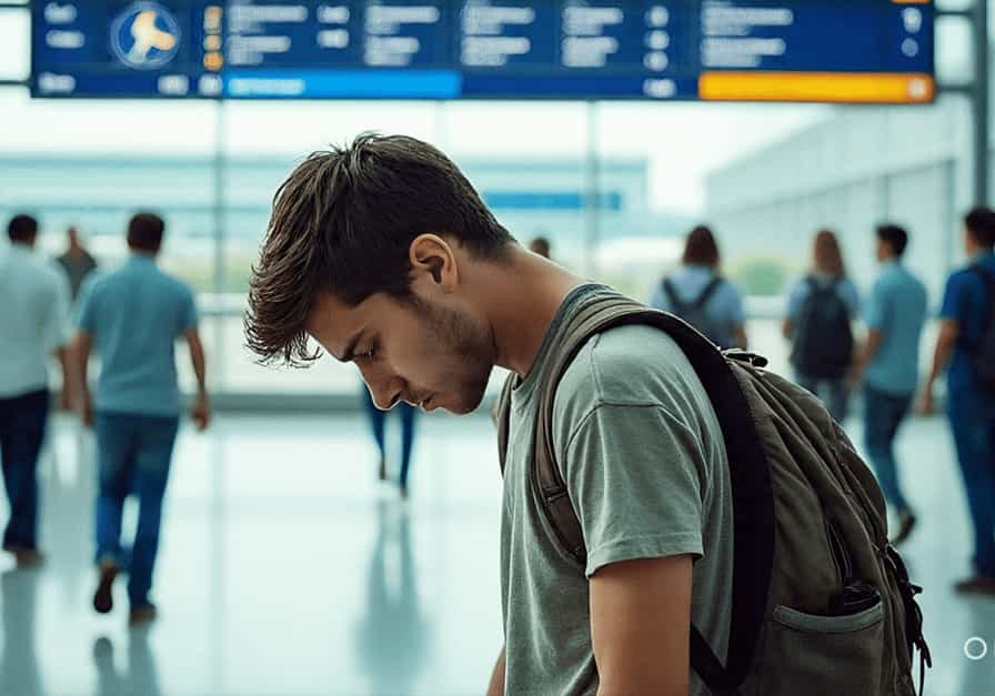 A person stands dejectedly in front of an airport departure board, with their head down, contrasting with happy travelers around them, to illustrate the isolating impact of aerophobia.