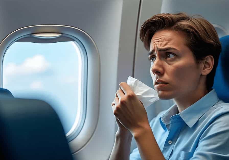 An illustration of an anxious person sitting in an airplane seat, with a serene sky visible outside the window, capturing the internal conflict of aerophobia.