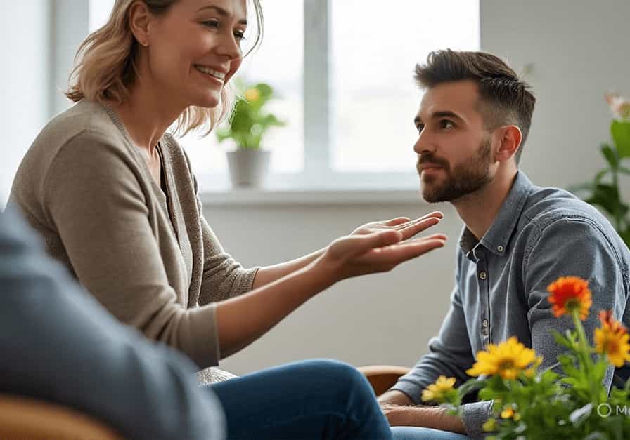 A close-up shot of a therapist and patient, with the therapist gesturing towards a hopeful path leading away, symbolizing professional guidance in overcoming aerophobia.