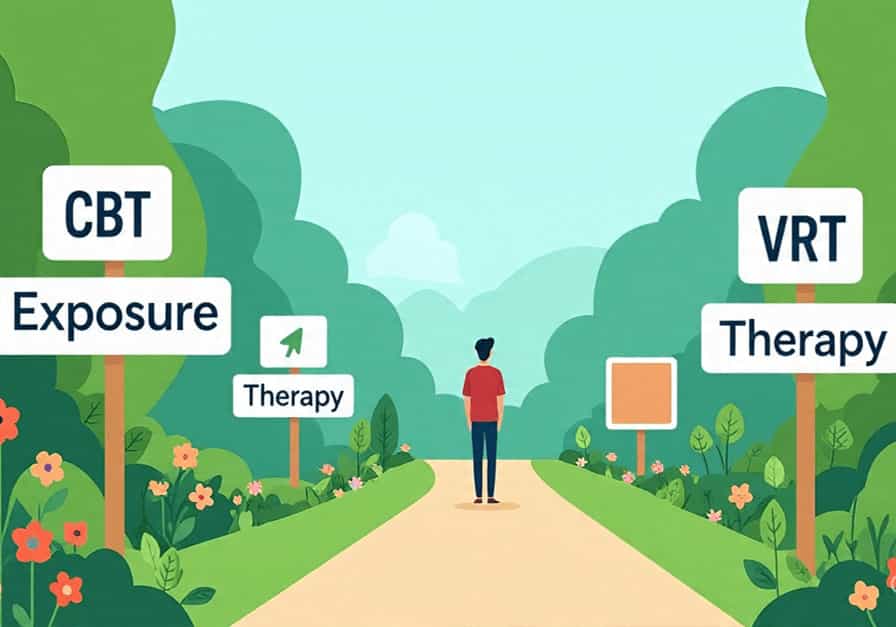 An illustration of a person standing at the end of a long, twisting path, with signposts for CBT, Exposure Therapy, and VRT, symbolizing the different treatment options for overcoming the fear of flying.