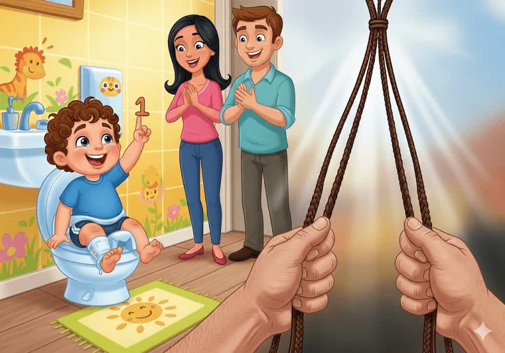 A cartoon illustration of a proud toddler sitting on a potty, representing the Anal Stage and the conflict of toilet training.