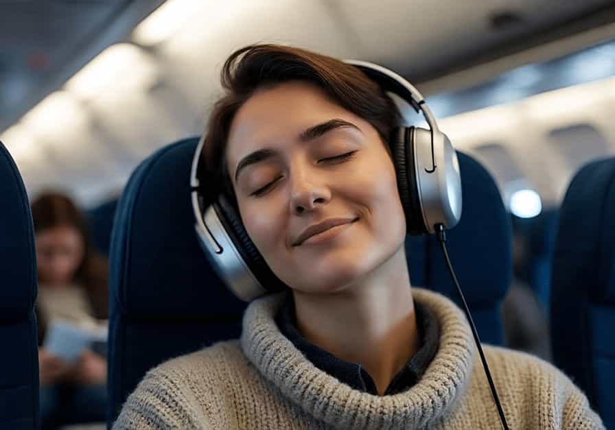 A serene image of a person with their eyes closed, listening to music on a plane, looking calm and peaceful. The image suggests a simple self-help strategy for managing anxiety during a flight.