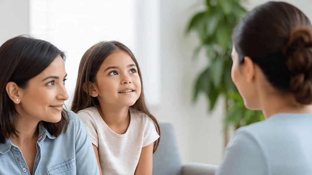 Mother and daughter consulting a child therapist for mental health support and professional guidance