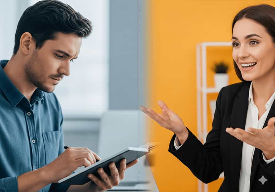 A split-frame image showing two distinct professional styles. On the left, a quiet, thoughtful employee looks down at a notebook. On the right, a manager smiles and gestures with their hands, representing two different workplace approaches working in collaboration.