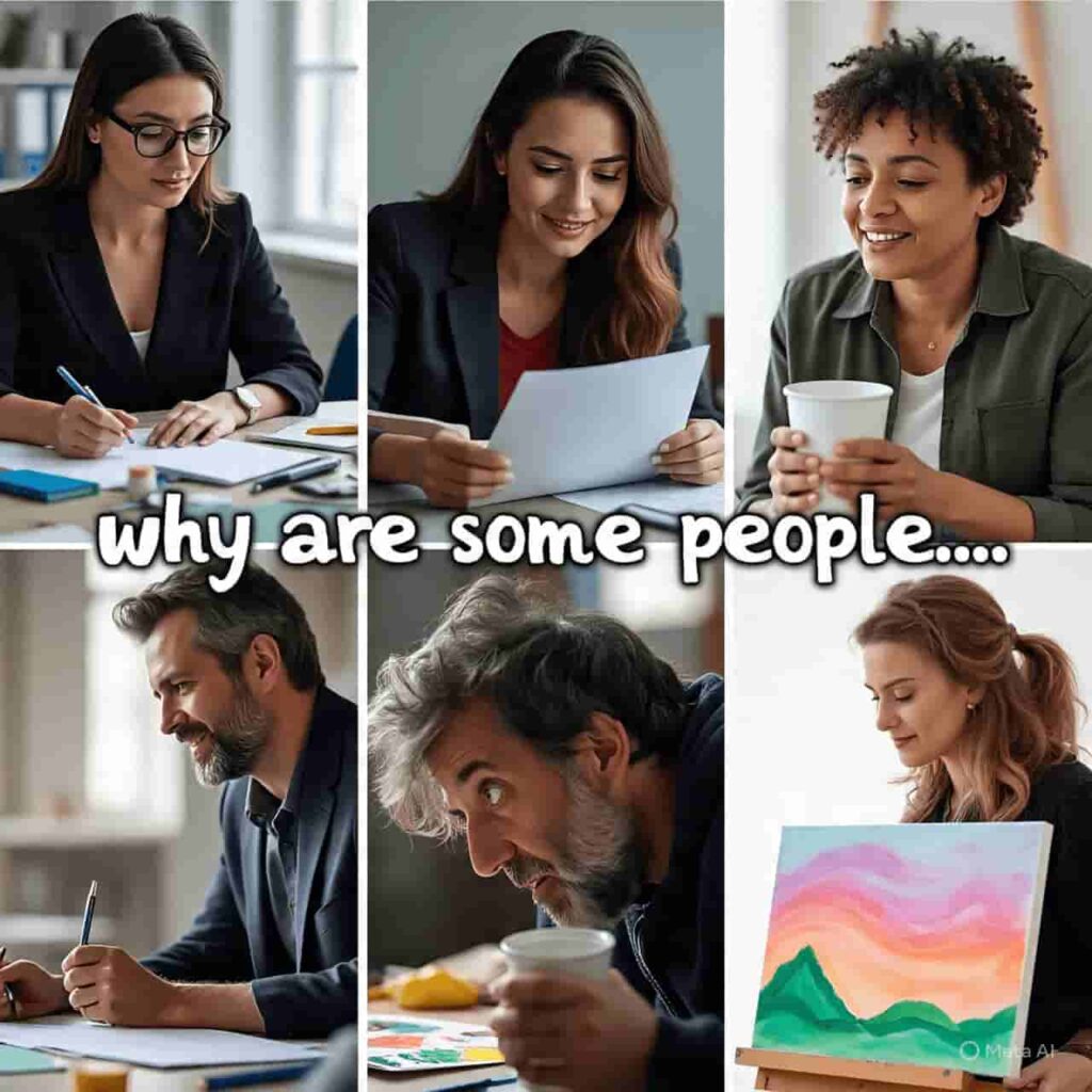 Collage of a detail-oriented person organizing files, a generous person giving a gift, and a messy artist, representing different personality traits.