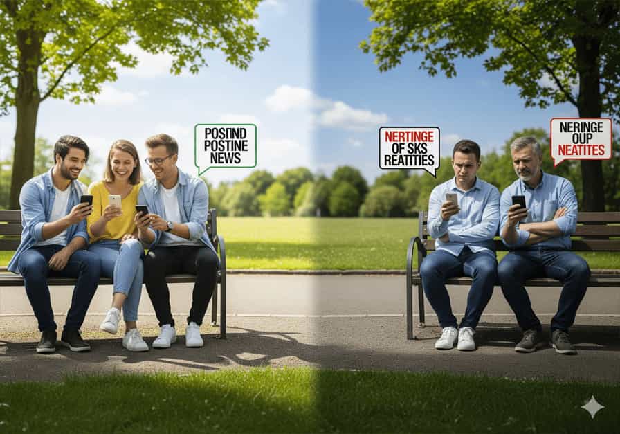 Two groups of people reacting differently to opposite news headlines, showing how fake news creates divided realities.