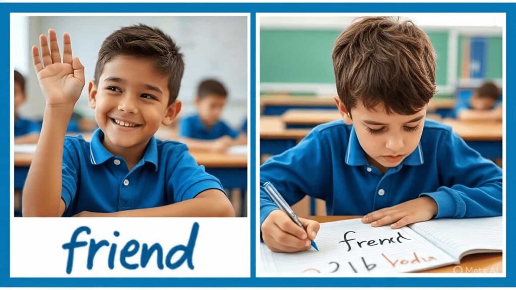 Split-scene collage showing a child answering confidently in class orally on one side, and struggling with spelling mistakes in writing on the other side