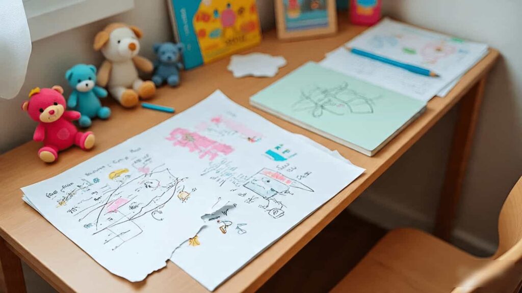 A childās study desk with toys, drawings, and notebooks, symbolizing dyslexia diagnosis and supportive learning methods