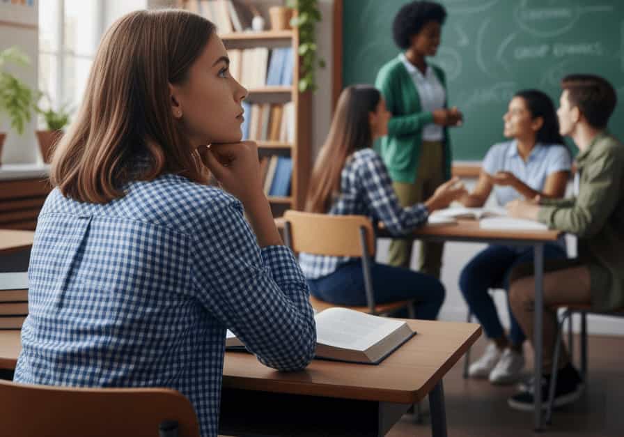 Classroom side-corner view showing a thoughtful student in focus, teacher at chalkboard, and group discussion in the background representing educational psychology study