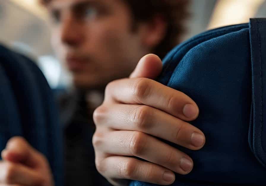 A close-up photo of a person's hands gripping the armrests of an airplane seat, symbolizing the fear of a loss of control during a flight.