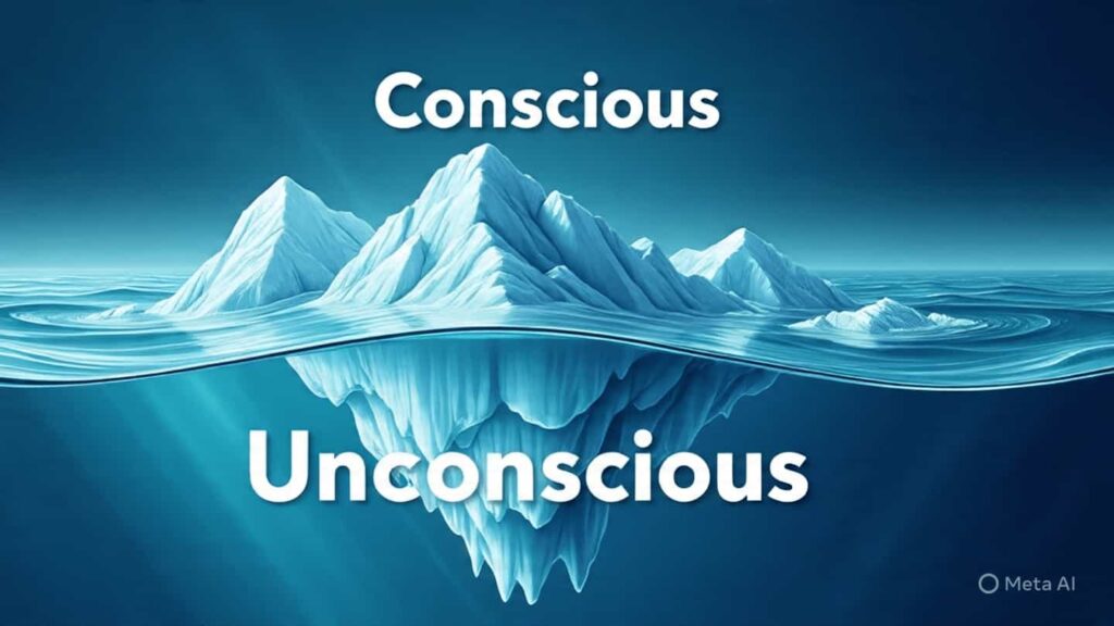 An illustration of an iceberg with only a small portion above the water labeled "Conscious" and the large, submerged portion labeled "Unconscious," representing Freud's metaphor for the human mind.