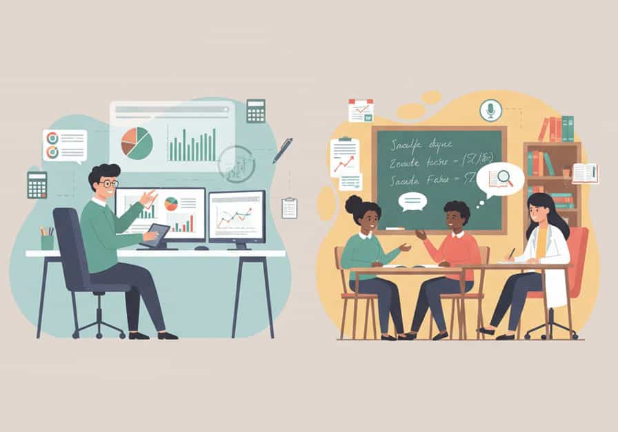 Modern illustration showing educational researchers studying learning using quantitative methods like experiments, surveys, and statistics, alongside qualitative methods like classroom observations, interviews, and case studies, with subtle educational icons.