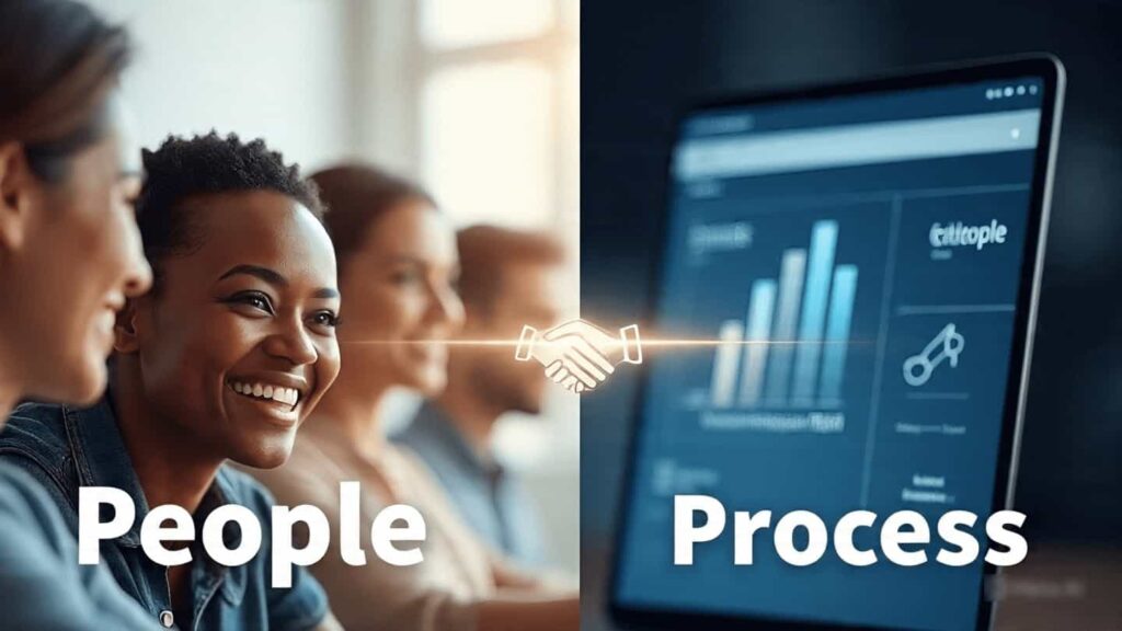 A split-screen image showing a smiling, diverse group of people collaborating on the left and a tablet displaying a bar graph and data on the right. A glowing handshake icon links the two sides.