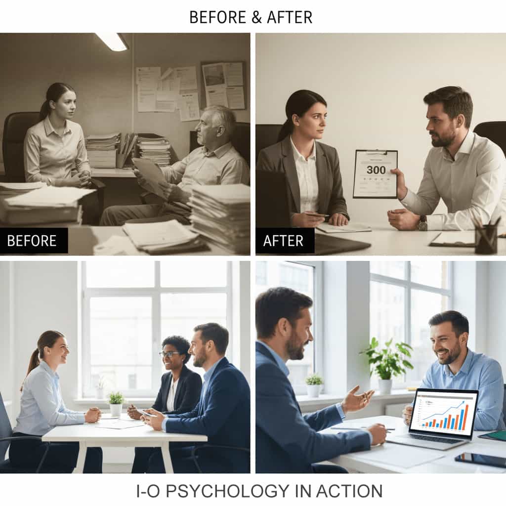 A 2x2 grid shows the before-and-after of workplace practices. The top row depicts a stressful job interview and a negative performance review. The bottom row shows a structured, positive interview and a constructive feedback session with a manager.