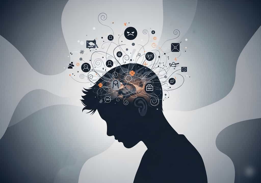 Illustration of a teenage silhouette with abstract lines and swirls representing emotions, impulsivity, and risk in juvenile psychology.