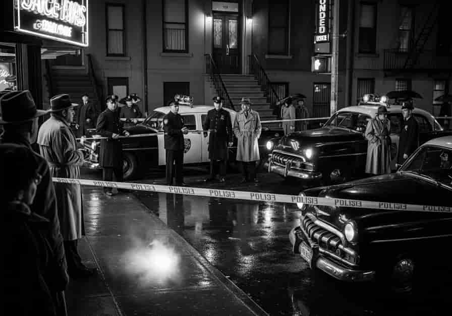 1950s New York police investigation scene with detectives and vintage police cars, linked to the Mad Bomber case that pioneered offender profiling.
