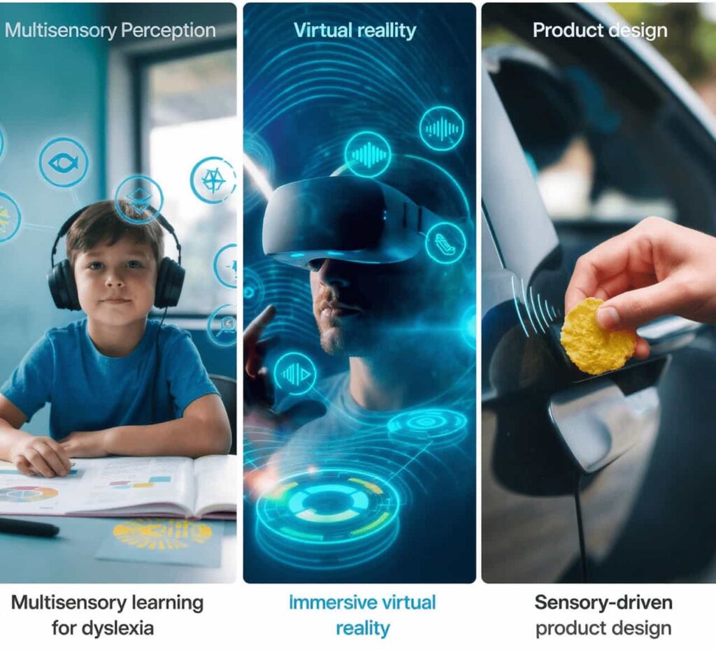 Collage showing multisensory perception in education for dyslexia, virtual reality immersion, and product design with sound and texture cues