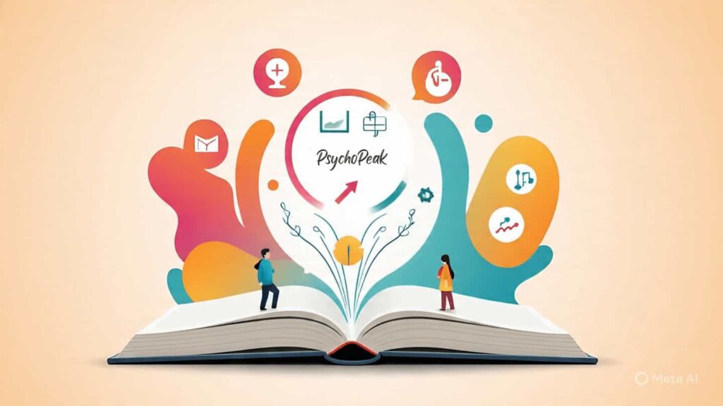 Illustration of an open book with colorful abstract shapes and human silhouettes emerging, representing psychology, learning, behavior, emotions, and workplace well-being.