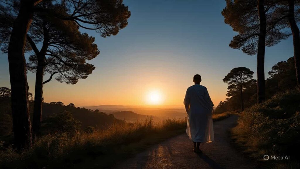 A silhouette of a person standing on a path looking towards the horizon, symbolizing self-reflection and the journey of personal growth.