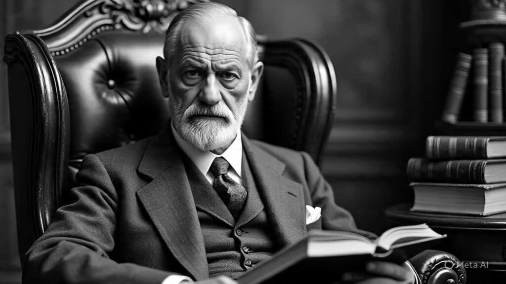 Black and white portrait of Sigmund Freud, the father of psychoanalysis, looking thoughtful.