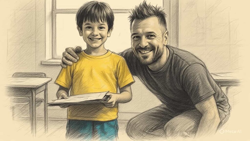 Teacher smiling with child in classroom, representing empathy and encouragement
