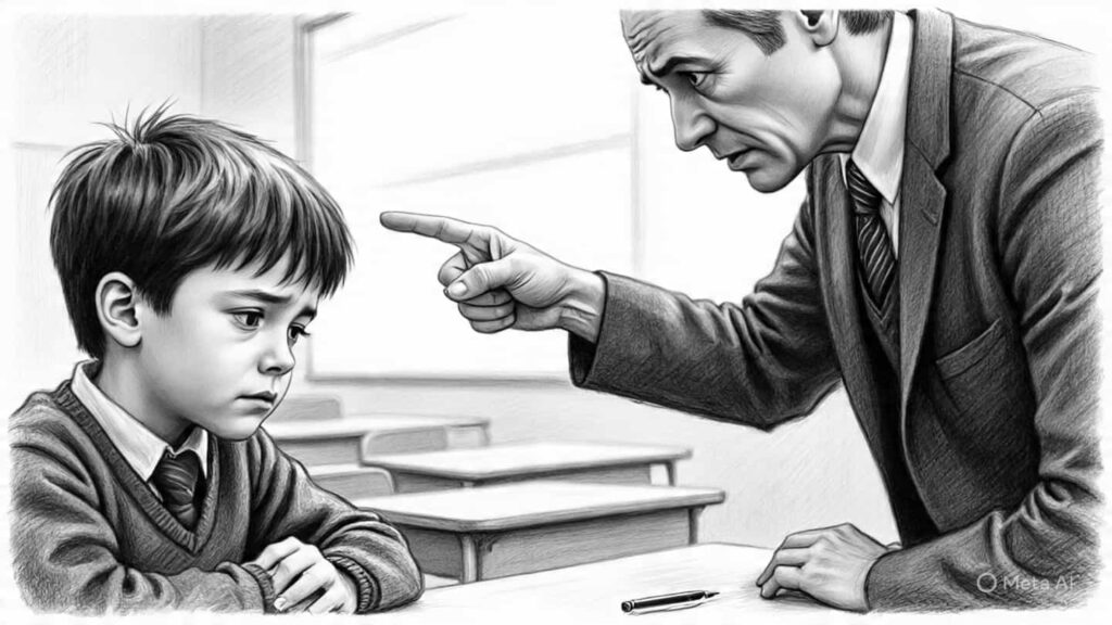 Teacher angrily scolding a young student, symbolizing neglect and misunderstanding of dyslexia