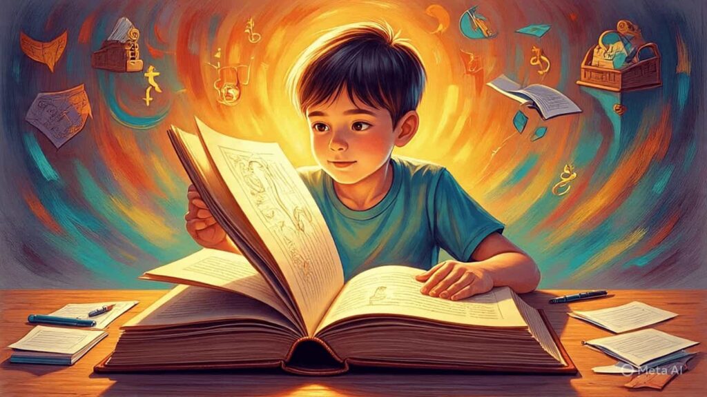 Young boy reading a magical book with imagination and creativity around him