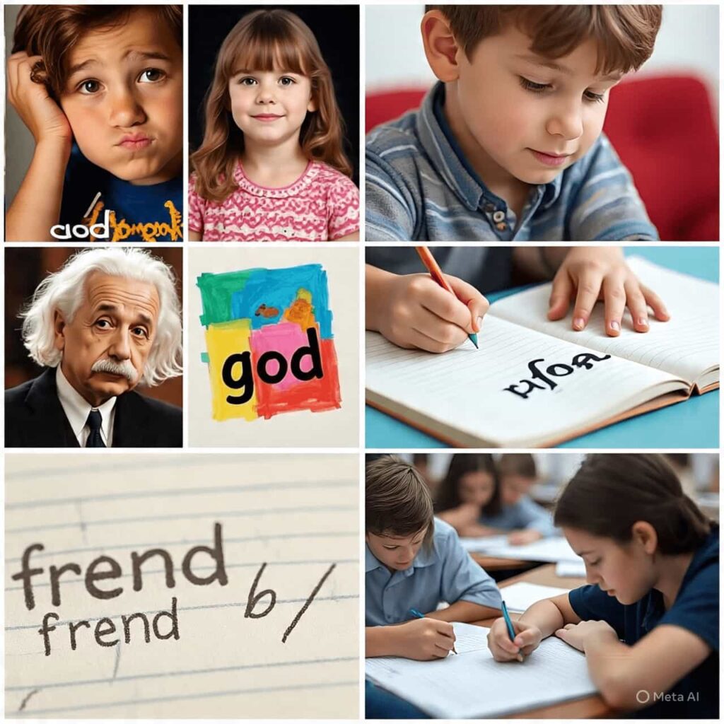 Collage showing dyslexia: famous creative people like Einstein and Spielberg, a child struggling to read with jumbled letters, misspelled notebook words, and a student processing slowly in class