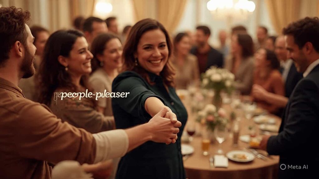 A smiling woman in a green dress energetically shaking hands with a man at a social event, with a crowd of people in the background. This image represents a person seeking acceptance and approval from others.