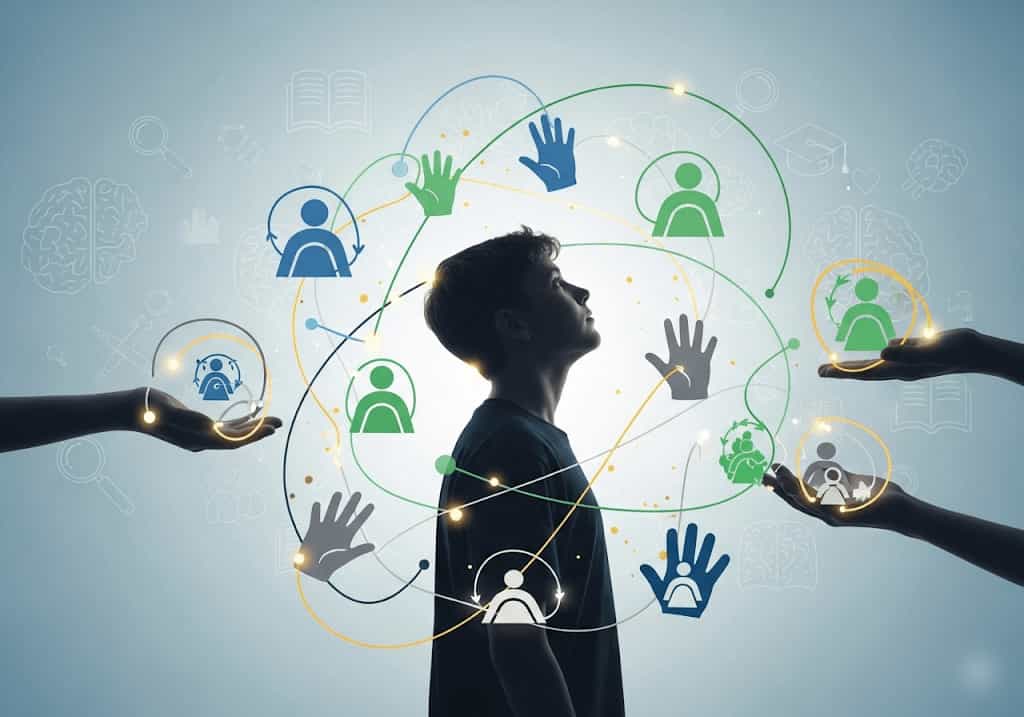 Illustration of a teen silhouette surrounded by abstract supportive hands and interconnected lines, representing community mentorship and expert guidance.