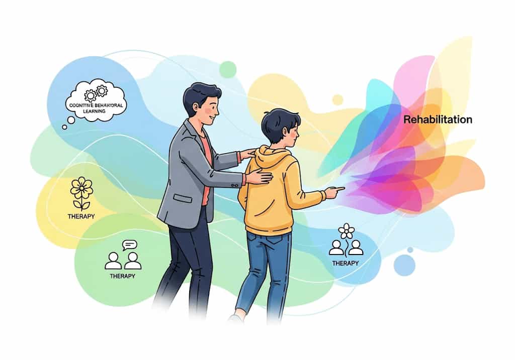Illustration of a teenage figure guided by a mentor with abstract shapes and icons representing therapy, cognitive behavioural learning, and personal growth.