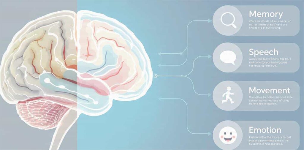 A diagram of the human brain's left hemisphere, showing connections to four main cognitive functions listed on the right: Memory (magnifying glass icon), Speech (speech bubble icon), Movement (running person icon), and Emotion (smiley face icon). https://encrypted-tbn3.gstatic.com/licensed-image?q=tbn:ANd9GcSCqQB-Jt9JnNG6qZeIKymxGo2r2BF5ikwiZRKjCnNGigtFuG6jessP_Kw6sy9IWqr6DW02dMQC-bq9HmY