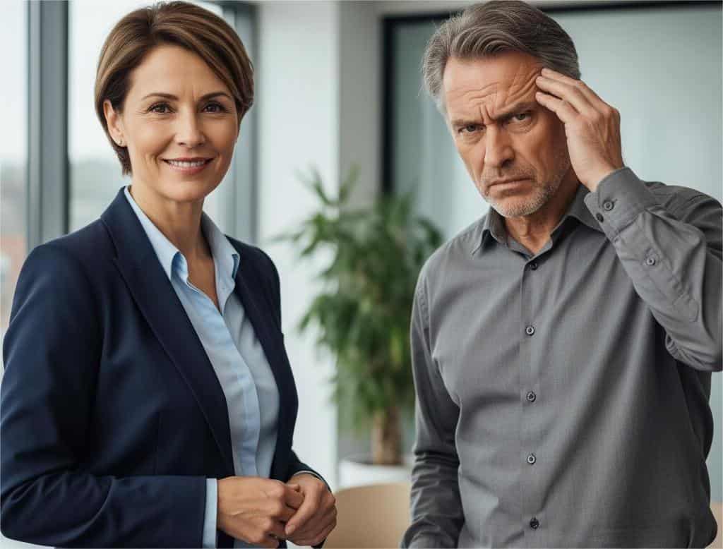 Two business professionals stand in an office. A smiling, confident woman in a navy suit is on the left, looking directly at the camera. A man on the right, dressed in a gray shirt, looks stressed or confused, holding his hand to his temple. ---