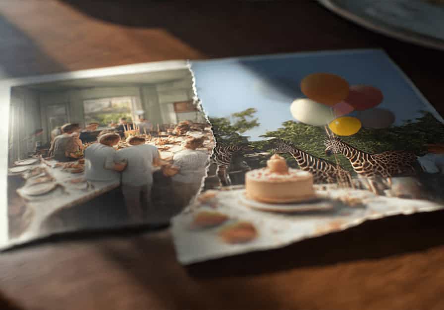 Torn vintage family photo showing mixed memories of a birthday and a zoo scene, symbolizing false memory confusion.