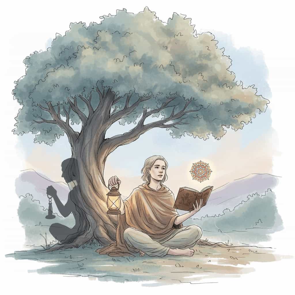 An illustration of a person sitting under a tree, reading a book, holding a lamp for illumination, with their Shadow figure visible behind them, and a mandala symbol of the Self in the distance.