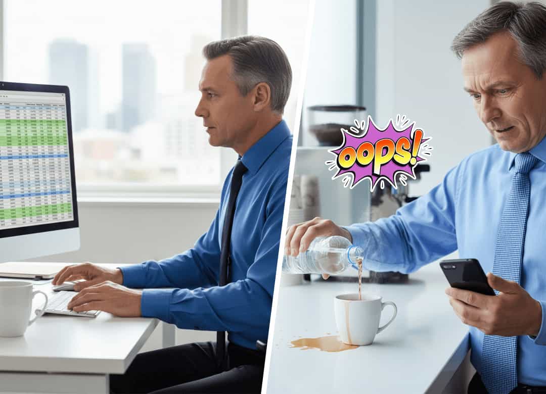 Split image: a man on the left focused on a computer spreadsheet; the same man on the right, distracted by his phone, pours water from a bottle into a coffee cup, causing a large spill.