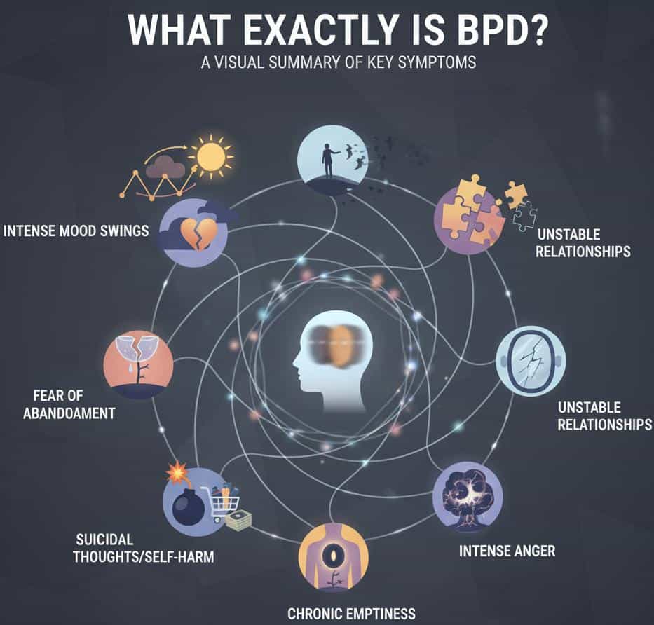 A central head outline surrounded by eight interconnected icons, visually summarizing the key symptoms of Borderline Personality Disorder (BPD): Intense Mood Swings (broken sun/cloud), Unstable Relationships (broken puzzle pieces, person on a cliff edge), Fear of Abandonment (tree with falling leaves), Suicidal Thoughts/Self-Harm (bomb, shopping cart for impulsivity), Chronic Emptiness (hollow figure), Intense Anger (stormy brain), and Unstable Self-Image (cracked mirror).