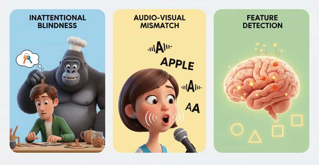 Three panels illustrating perceptual concepts: 1) Inattentional Blindness (a gorilla figure standing next to a distracted man), 2) Audio-Visual Mismatch (a woman speaking into a microphone with conflicting text/sound—the McGurk Effect), and 3) Feature Detection (a brain connecting to basic shapes).