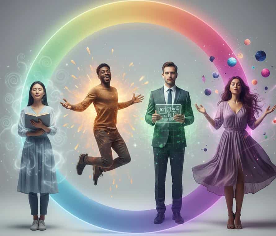 Four diverse figures standing side-by-side, each surrounded by a different colored aura and symbol: A woman in teal with a lotus symbol (Serenity/Calm). A man in brown with a flame symbol (Passion/Energy). A woman in a business suit with a gear/circuit symbol (Logic/Structure). A man in a mystic robe with an all-seeing eye symbol (Intuition/Vision).