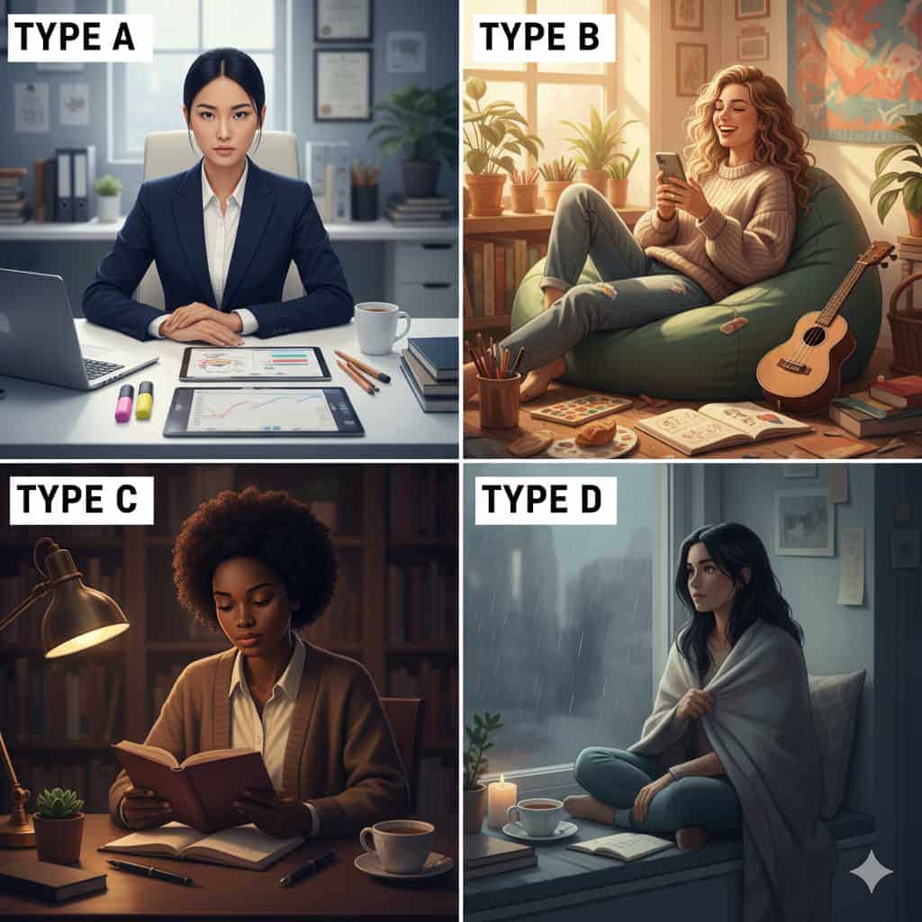 A four-panel image showing different personality types. Type A is a focused woman in a business suit at a neat office desk. Type B is a relaxed, smiling woman on a beanbag chair, looking at her phone in a cozy, plant-filled room. Type C is a studious woman reading a book at a lamp-lit desk. Type D is a pensive woman wrapped in a blanket, looking out a rainy window with a cup of tea.