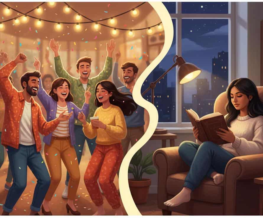 A split image showing the contrast between extraversion and introversion. The left side depicts a lively party with a diverse group of people celebrating under string lights and confetti, showing high social energy. The right side shows a woman calmly reading a book in a cozy armchair by a window at night, with a city skyline visible, representing solitude and quiet rejuvenation.