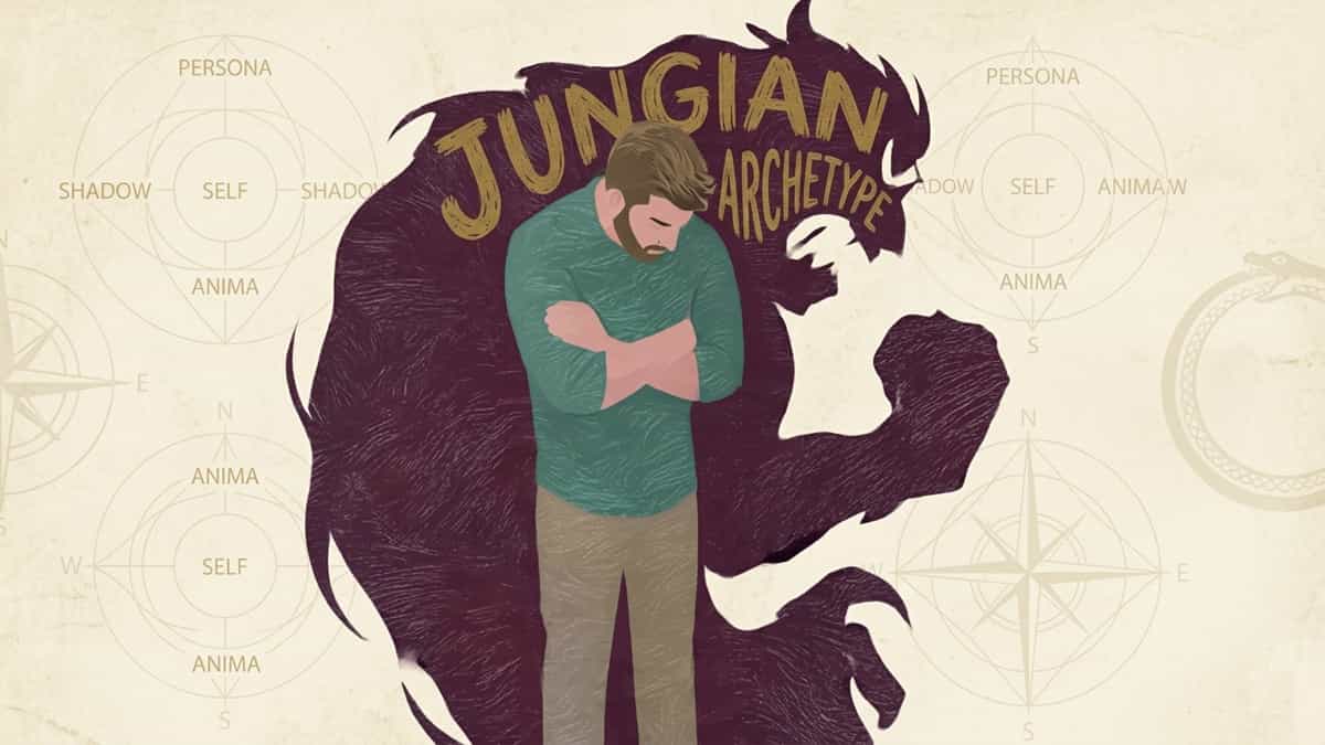 Illustration of a man with his arms crossed, casting a large, menacing, monster-like Shadow behind him, representing the repressed unconscious.