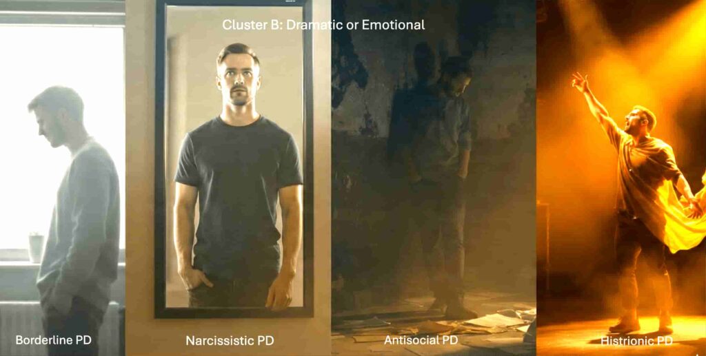 A four-panel image showing different emotional expressions: a withdrawn man by a window, a man admiring himself in a mirror, a man standing in a dark abandoned room, and a man dramatically posing under bright stage lights—representing Cluster B personality disorder traits.