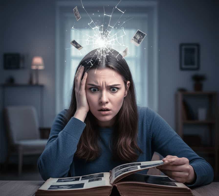 Human with shocked and confused expression, face fully visible, subtle cracked pattern above head symbolizing lost past memories — concept of Retrograde Amnesia due to brain injury.
