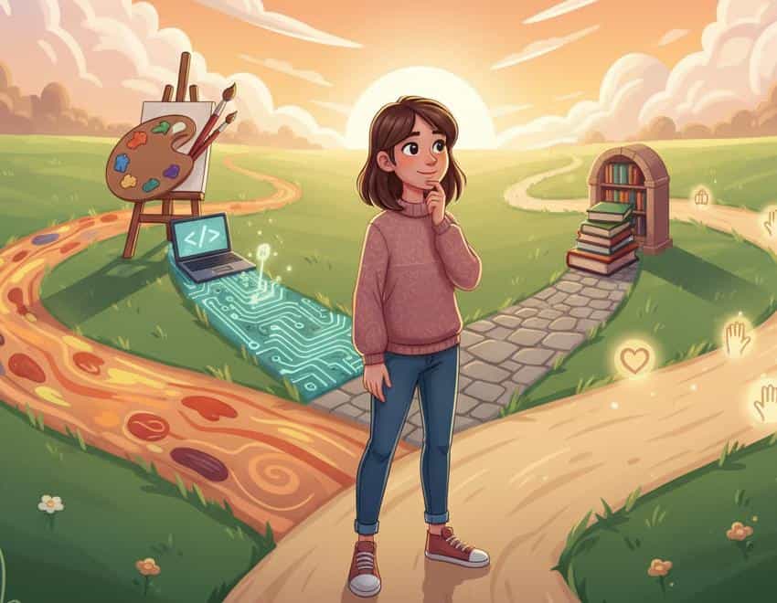 Cartoon illustration of a teenage girl standing at a crossroads in a sunny field, looking thoughtfully at paths leading to symbols of an art easel, a laptop with code, a small library, and heart/hand icons for volunteering.